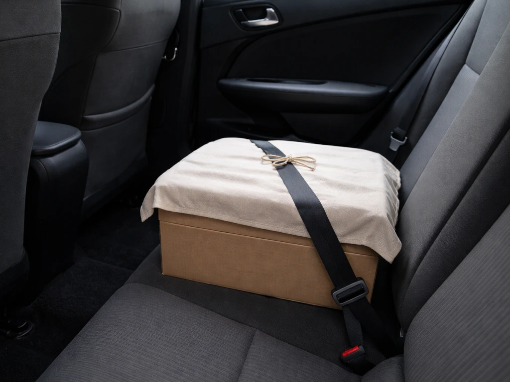 A covered cardboard pet box secured on a car floor in a quiet backseat, ready for safe bird transport