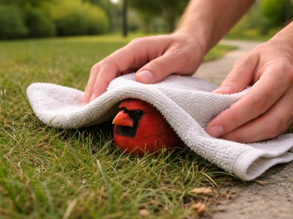 A small red cardinal on grass gently covered with a towel before being picked up safely.