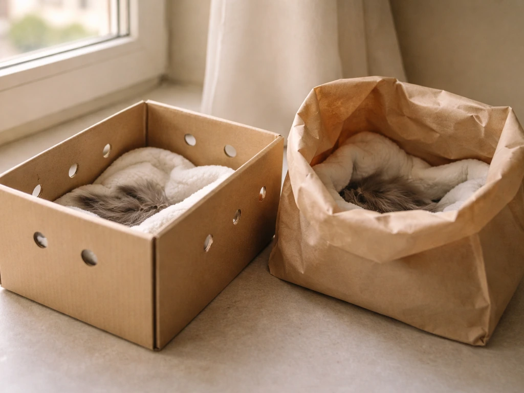 A small ventilated cardboard box and an unwaxed paper bag holding a warm, calm bird indoors