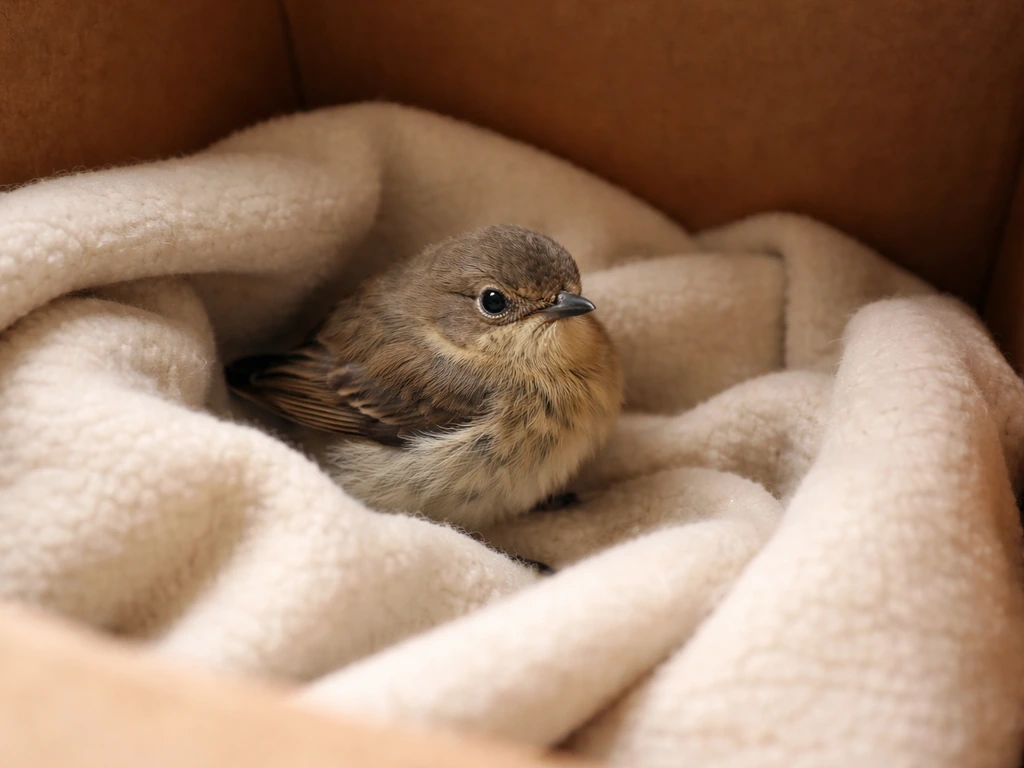 Tiny wild bird resting in a warm dark rescue box, with no food or water present.