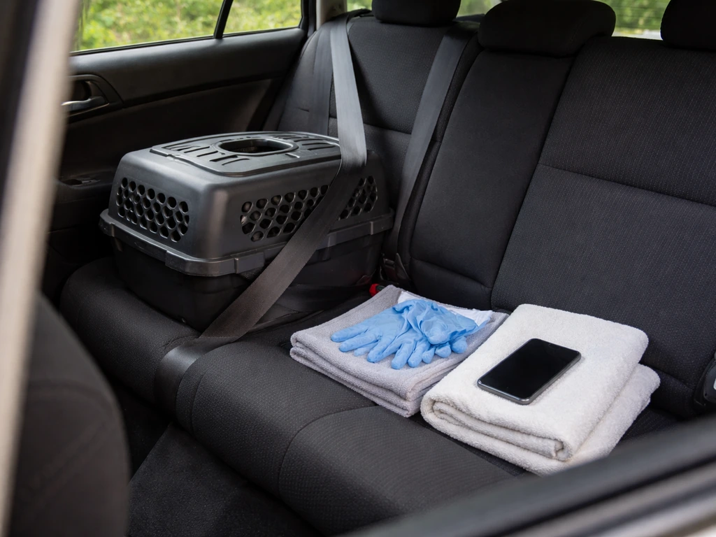 Ventilated dark carrier secured in a car with gloves and a phone nearby for rehab handoff prep.