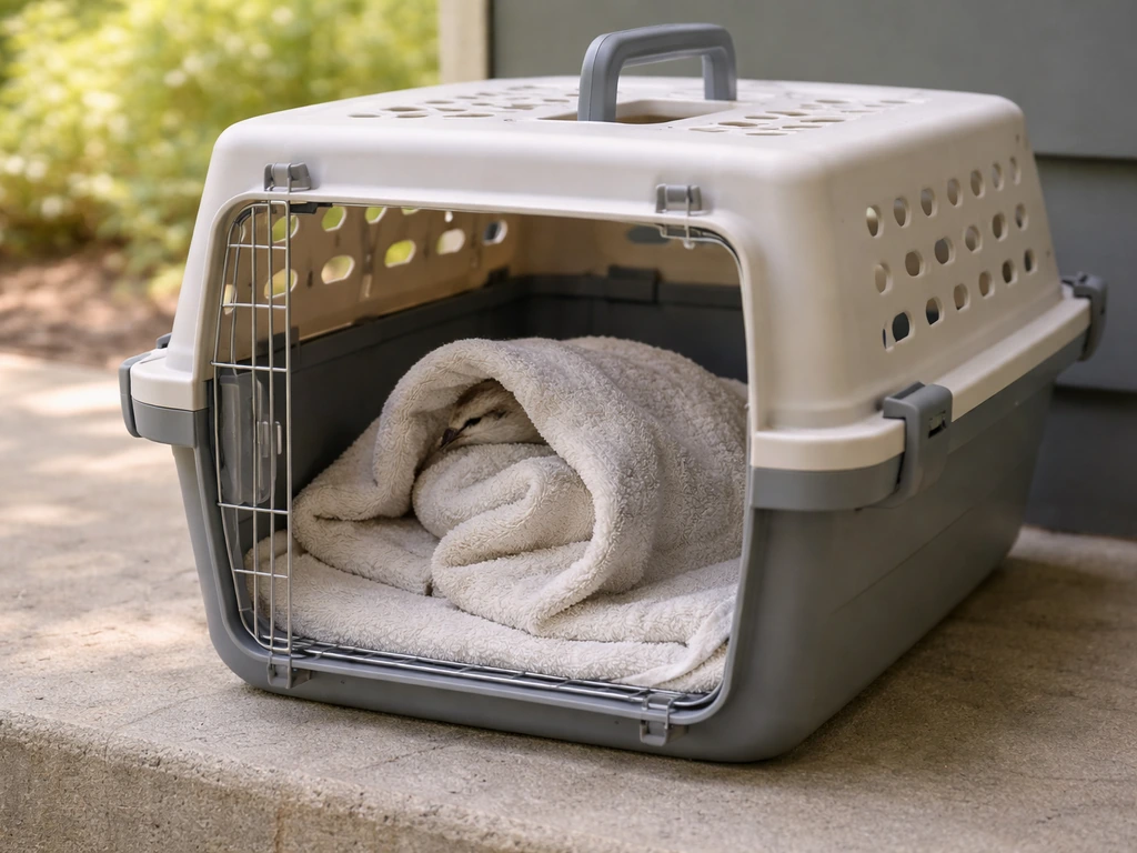 A small bird under a light towel, placed in a ventilated pet carrier for safe, stable containment.