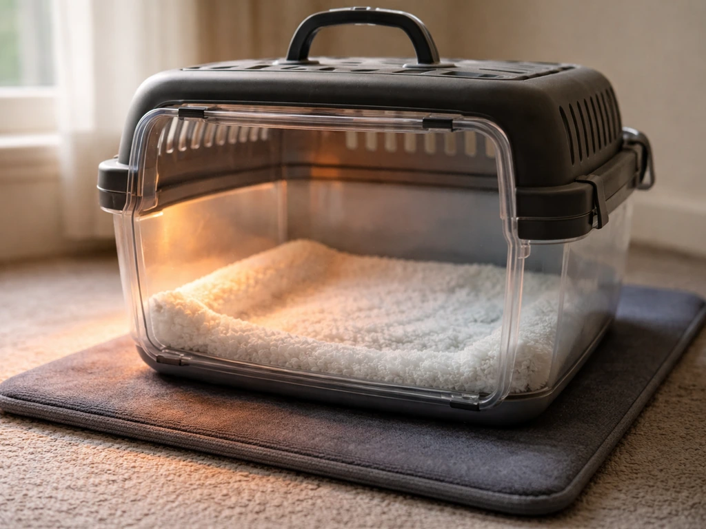 A small carrier on a heating pad with one side warmed, showing gentle warmth-first triage without a lamp.