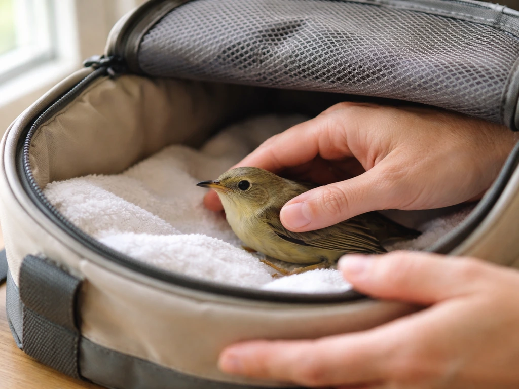 Wild bird resting in a ventilated carrier while a caregiver avoids offering food or water near its beak.