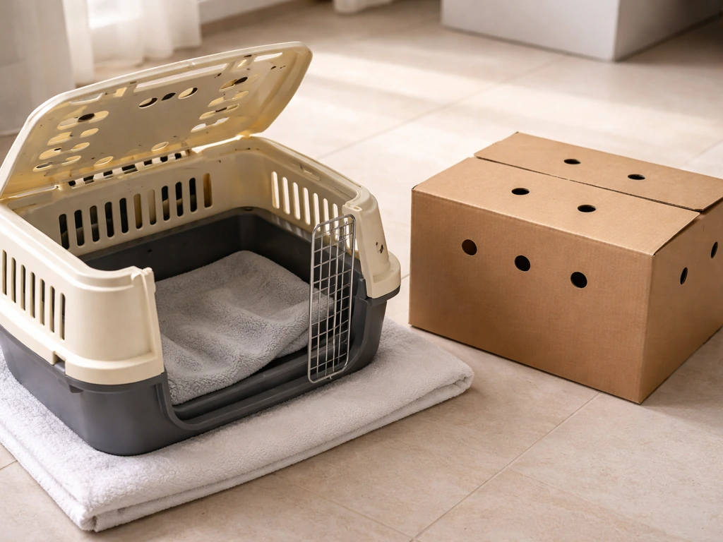 Close-up of a ventilated cardboard box and hard-sided pet carrier ready for safely transporting a small sick bird