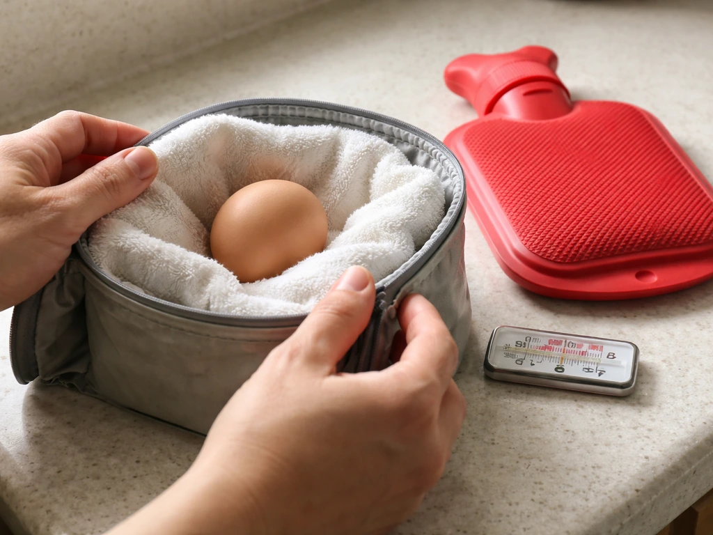 Hands placing a warm water bottle beside an egg in a small insulated box, thermometer reading ~99°F