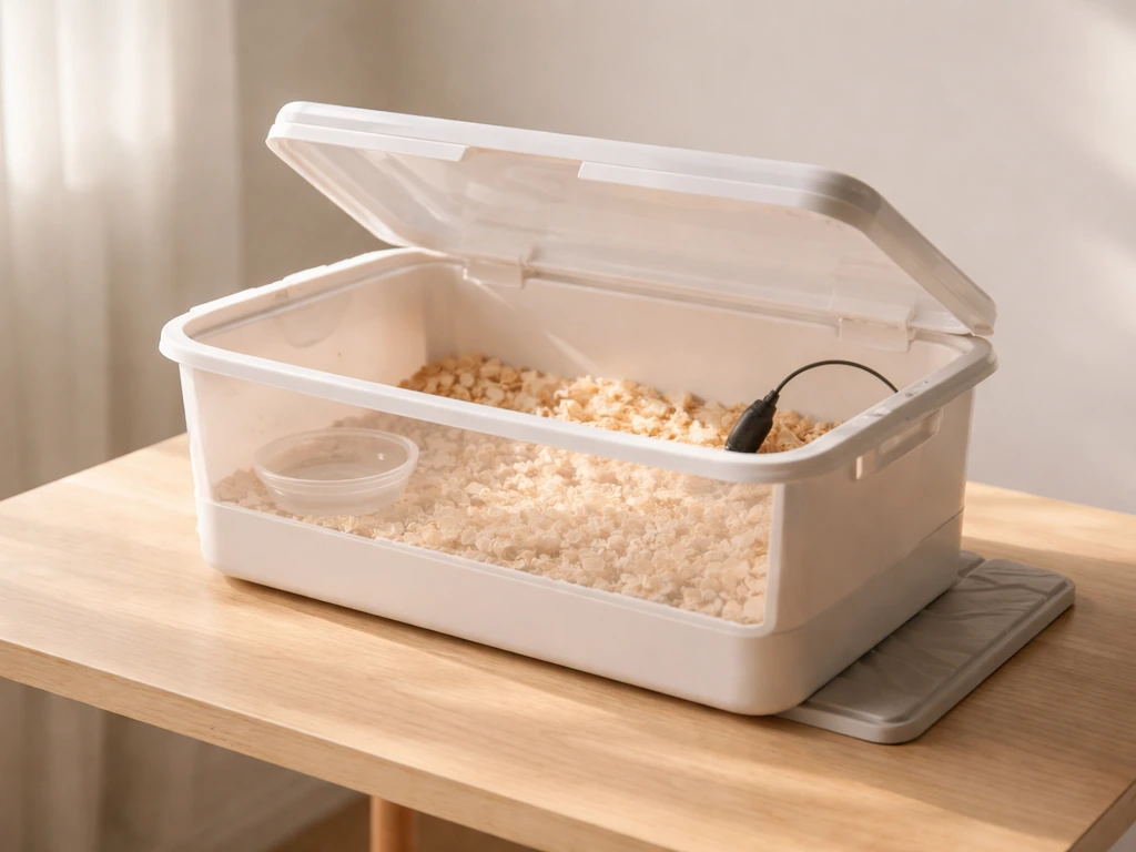 Warm brooding setup with a small incubator box, water dish for humidity, and thermometer probe