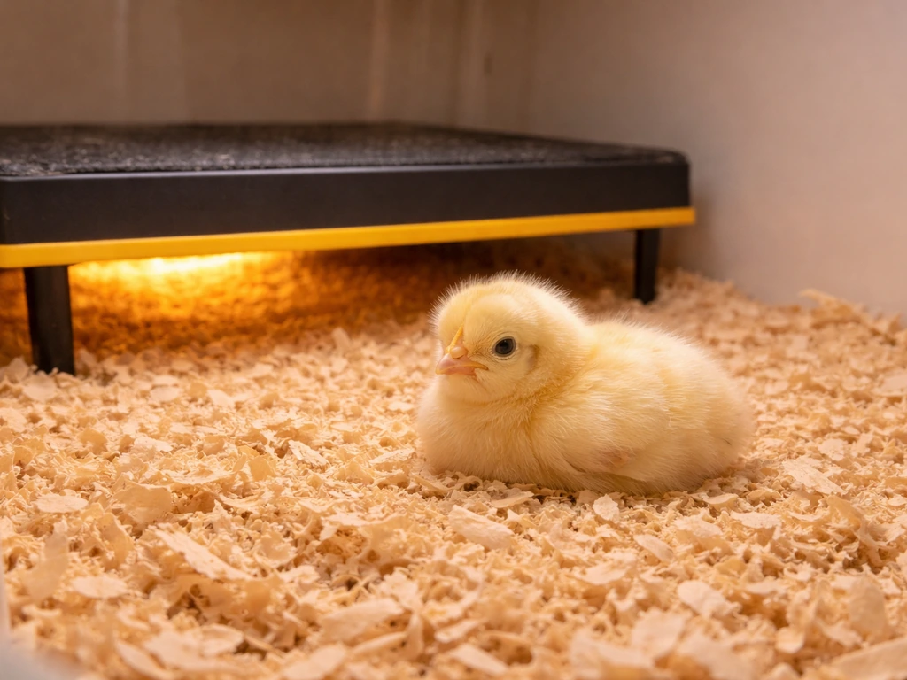 Newly hatched chick resting in a prepared brooder with safe supplemental warmth.