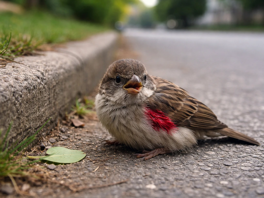 Small wild bird on a sidewalk curb, stressed posture with a small visible blood spot, no humans present.