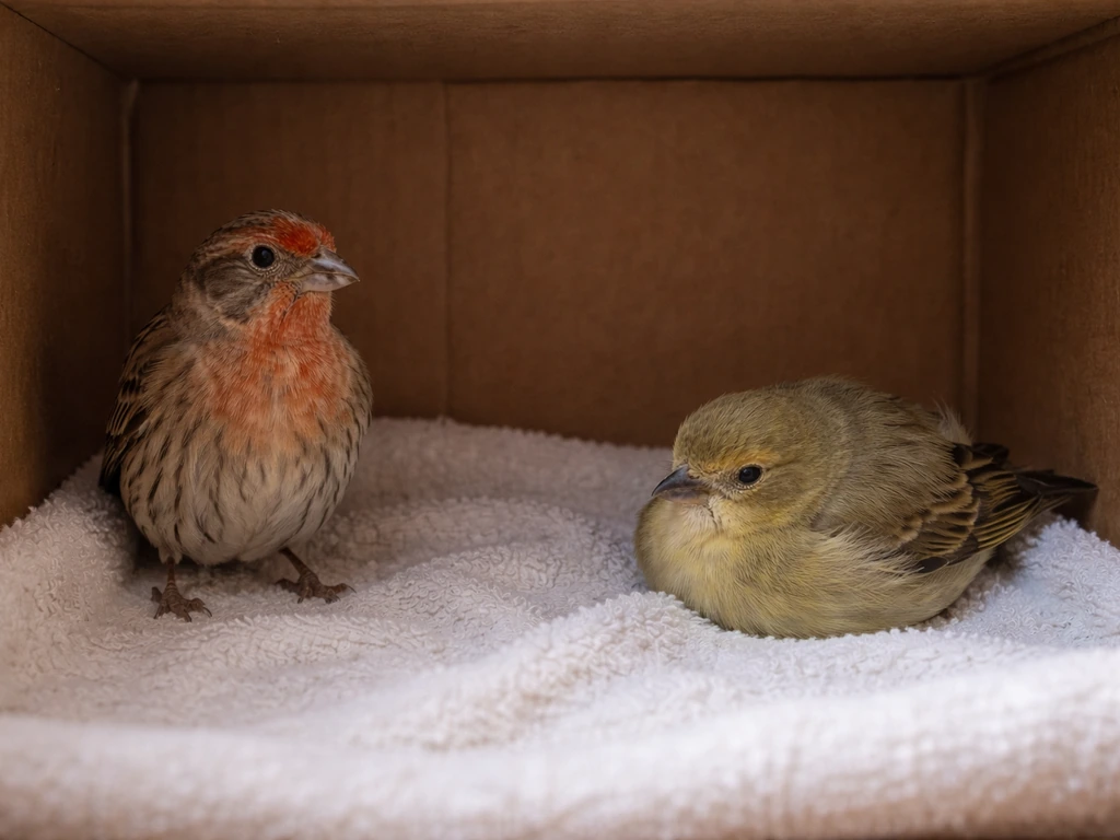 Small bird in a simple rescue box showing upright vs hunched/low posture after quiet rest.