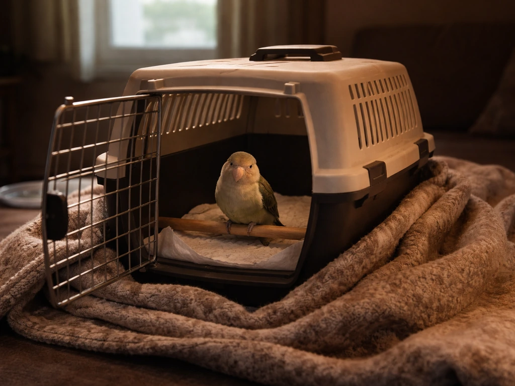 Small pet bird resting in a lined carrier wrapped for warmth during a power outage at home.