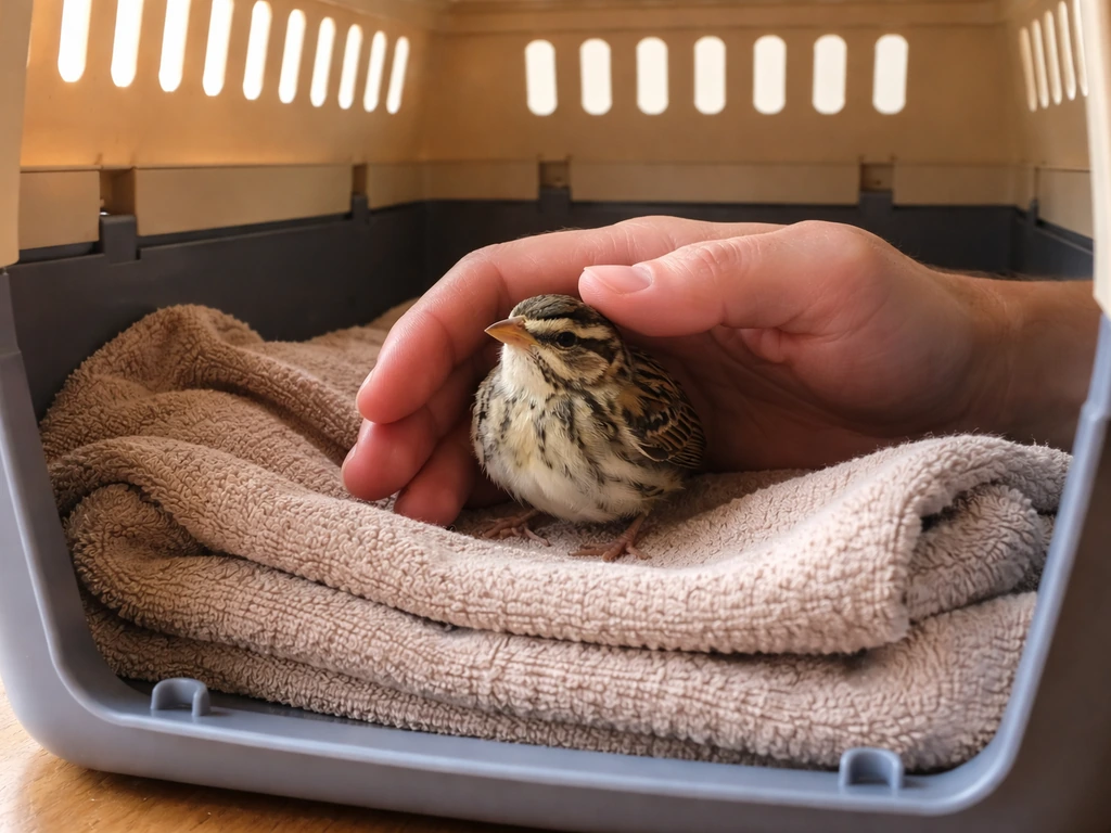 Injured bird stabilized in a ventilated carrier lined with a folded towel in a quiet room