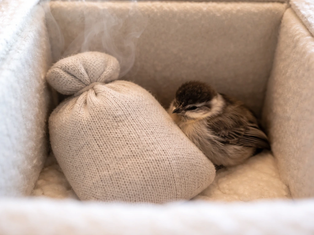Rice-filled sock placed beside a bird in a simple insulated transport box