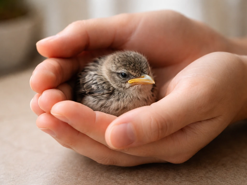 Gloved hands gently cupping a tiny nestling bird for brief warmth