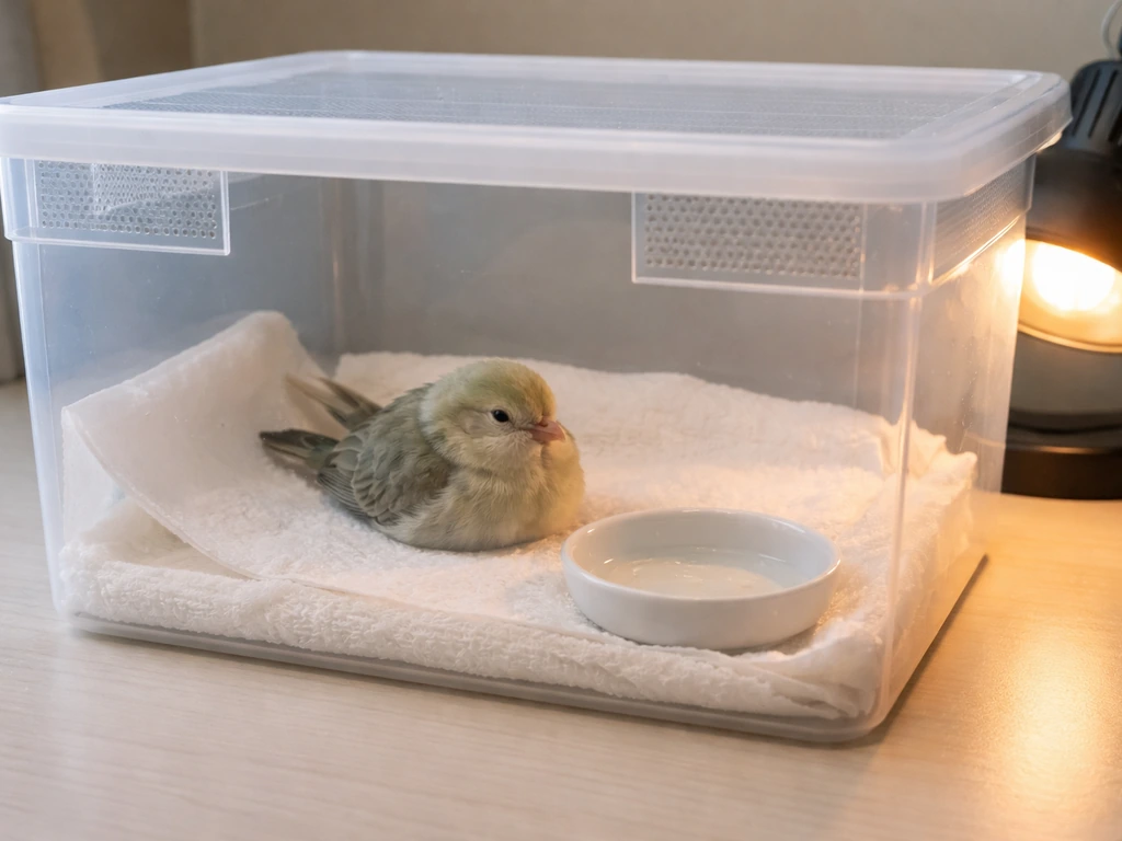 Close-up of a small bird resting in a ventilated warm enclosure with fresh water nearby