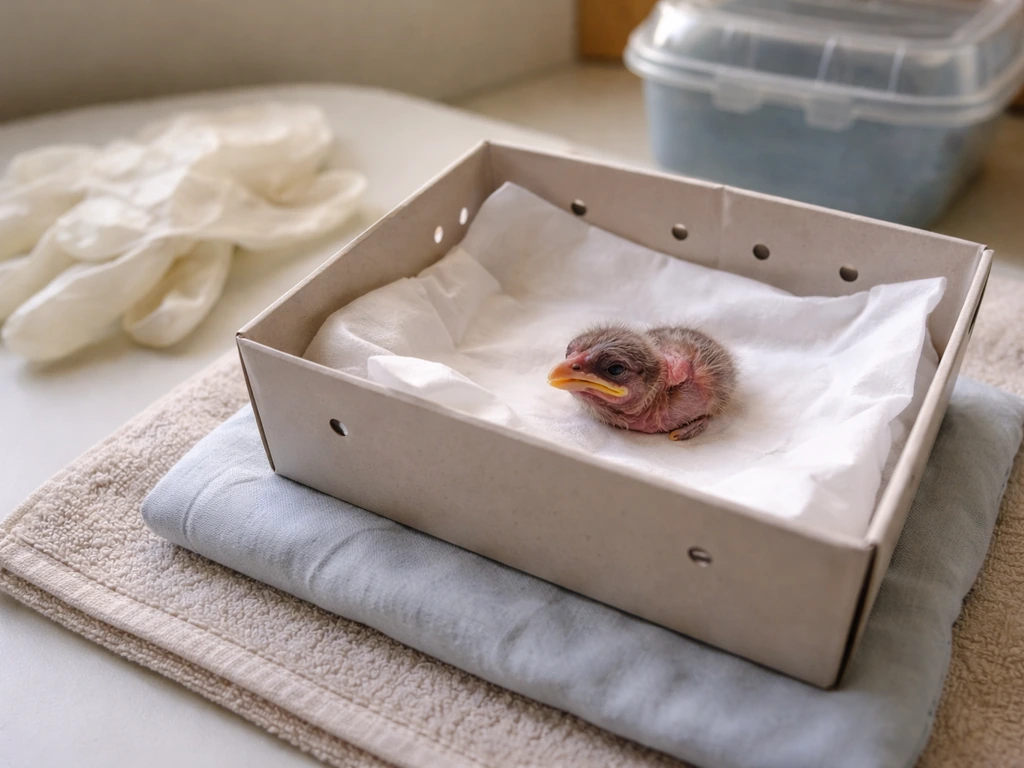 Small baby bird nestling in a ventilated recovery box with warmth, ready for humane rescue care