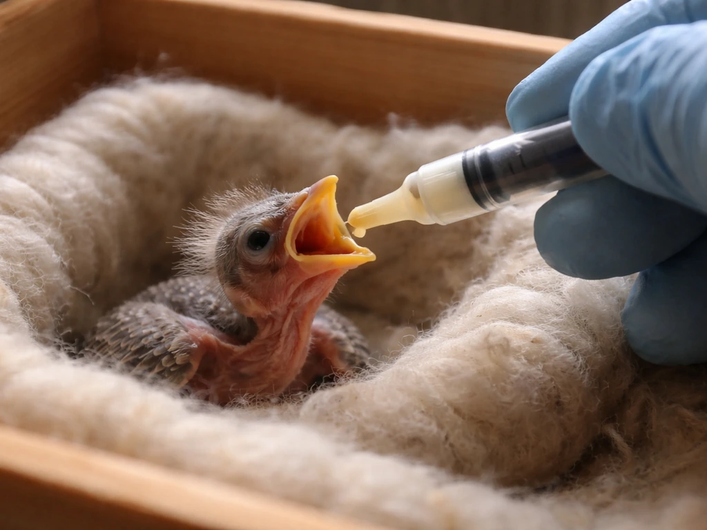 Gloved caretaker gently feeding a tiny nestling with warm formula using a dropper