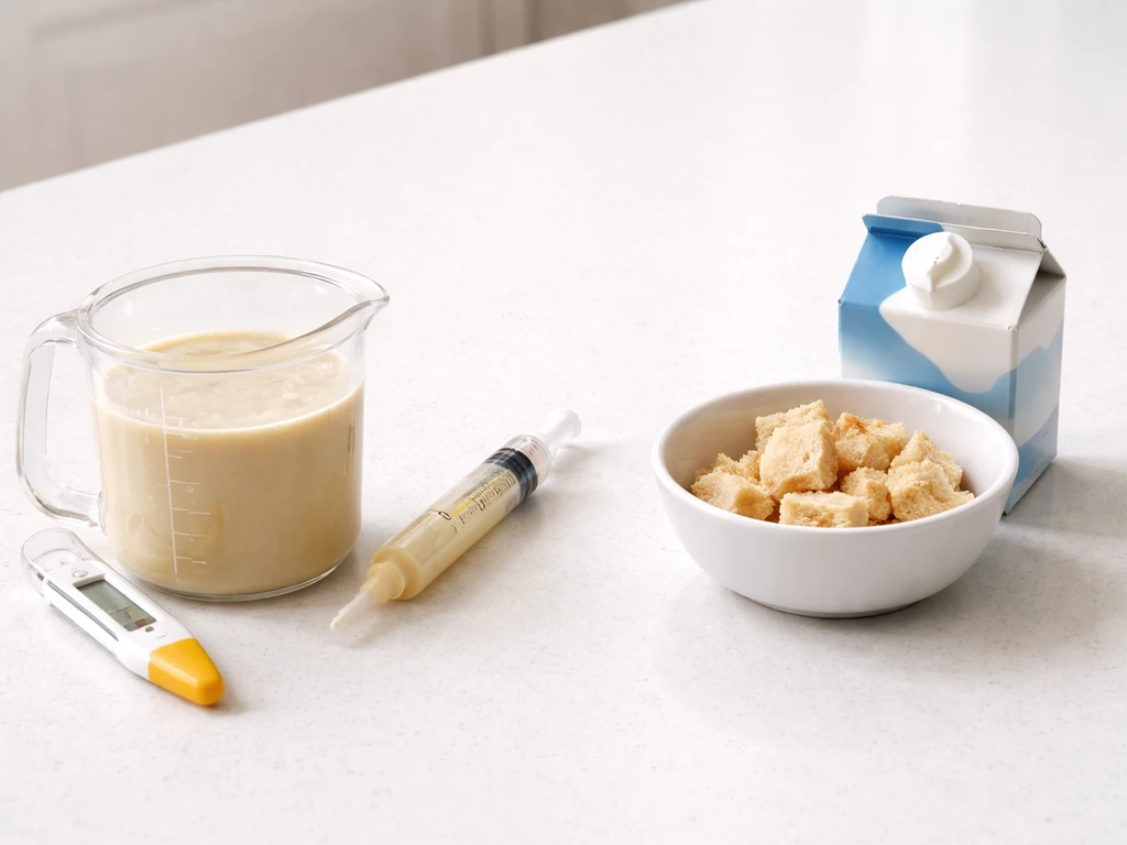 Two-side feeding setup: warm commercial formula and thermometer on one side; bread and dairy on the other.