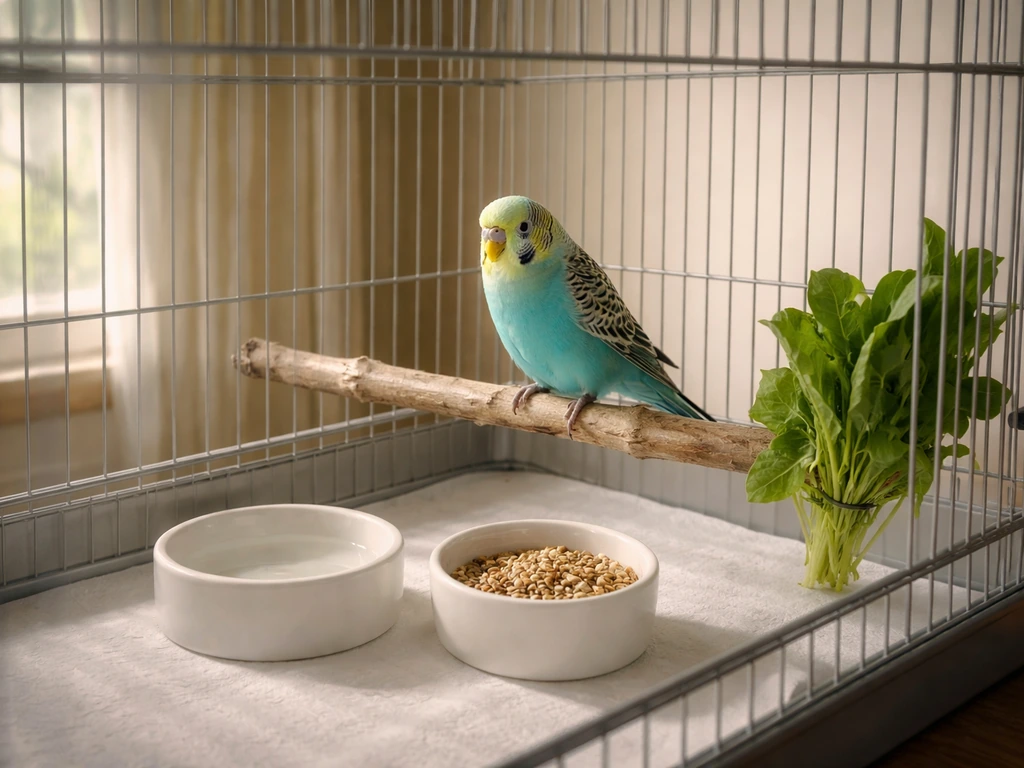 Small pet bird perched in a clean cage with water and food ready for daily care.