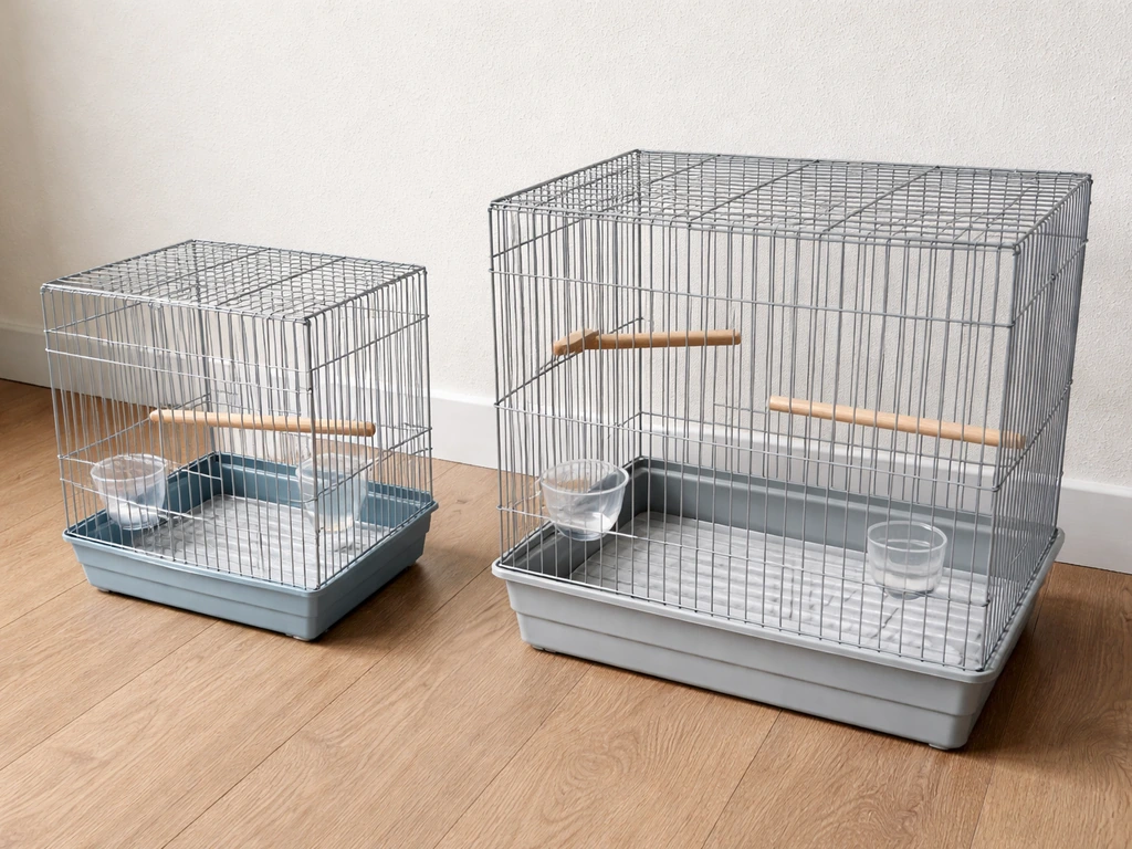 Side-by-side small and spacious empty bird cages showing inadequate vs correct space and bar spacing.