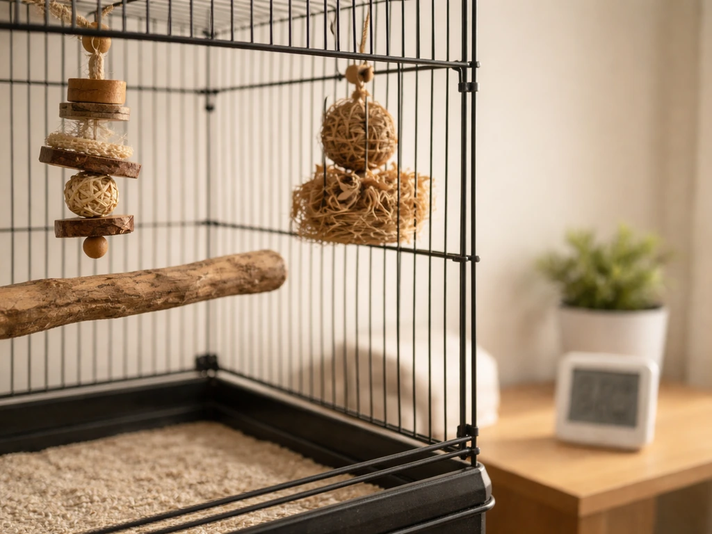 Small companion bird cage with safe toys and a room thermometer nearby, warm natural light.
