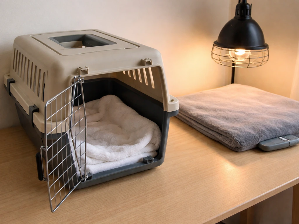 Small carrier lined with soft cloth placed near a safe warm heat source for an injured bird