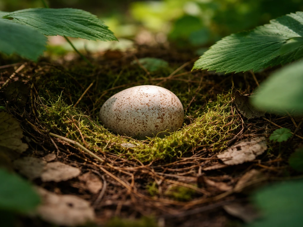 Wild bird egg nestled in a natural nest of leaves and moss outdoors, viewed from a safe distance.