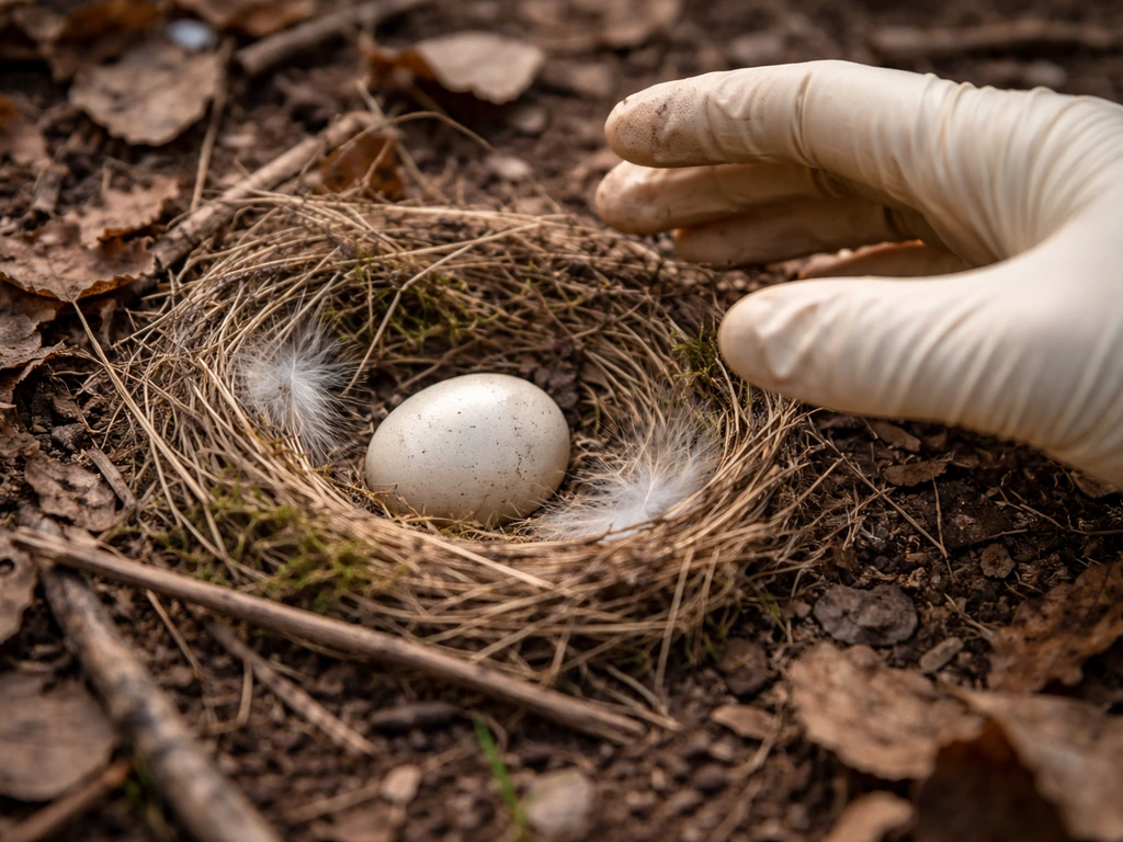 Gloved hand hovers safely near a wild bird egg in a small nest, showing non-touch protection.