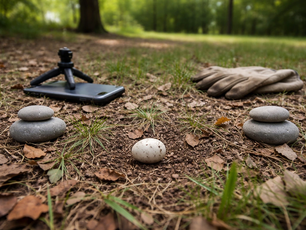 Bird egg on the ground with a phone and stones indicating safe observation vs no handling.