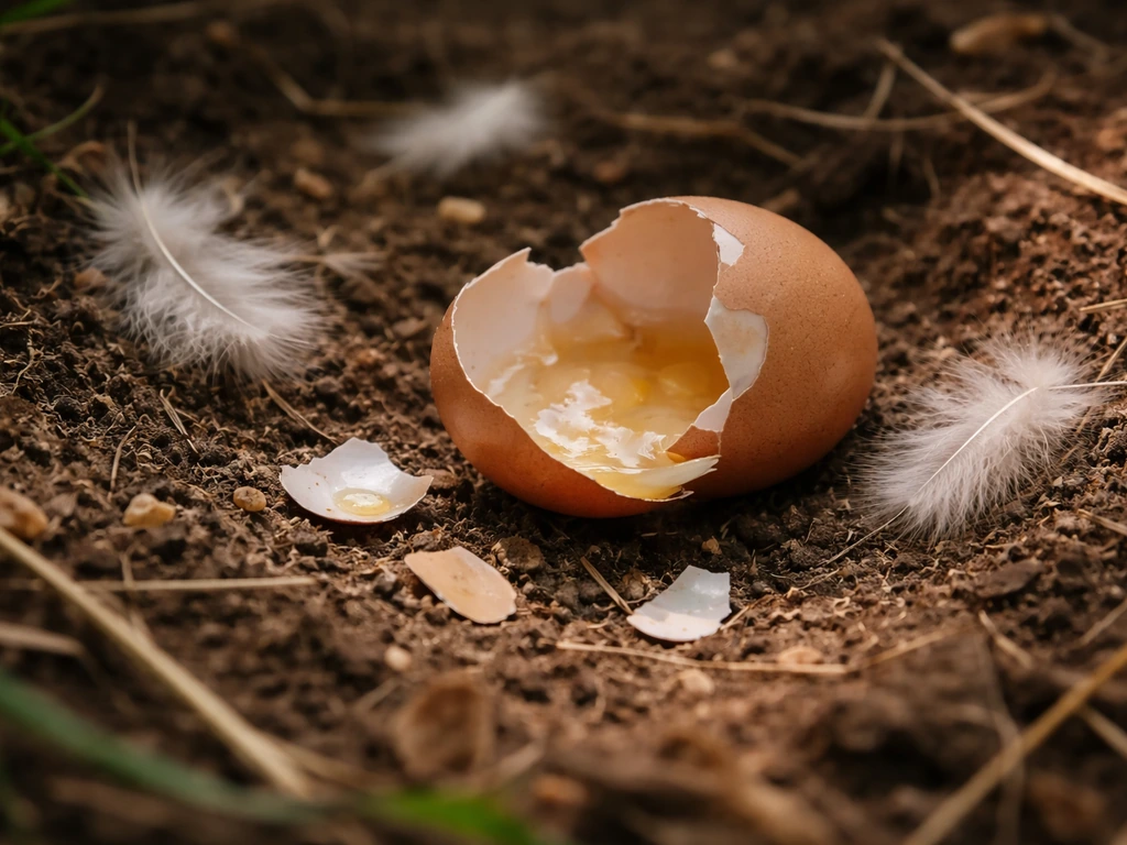 Broken eggshell on the ground with nearby pale feathers suggesting a hatch area