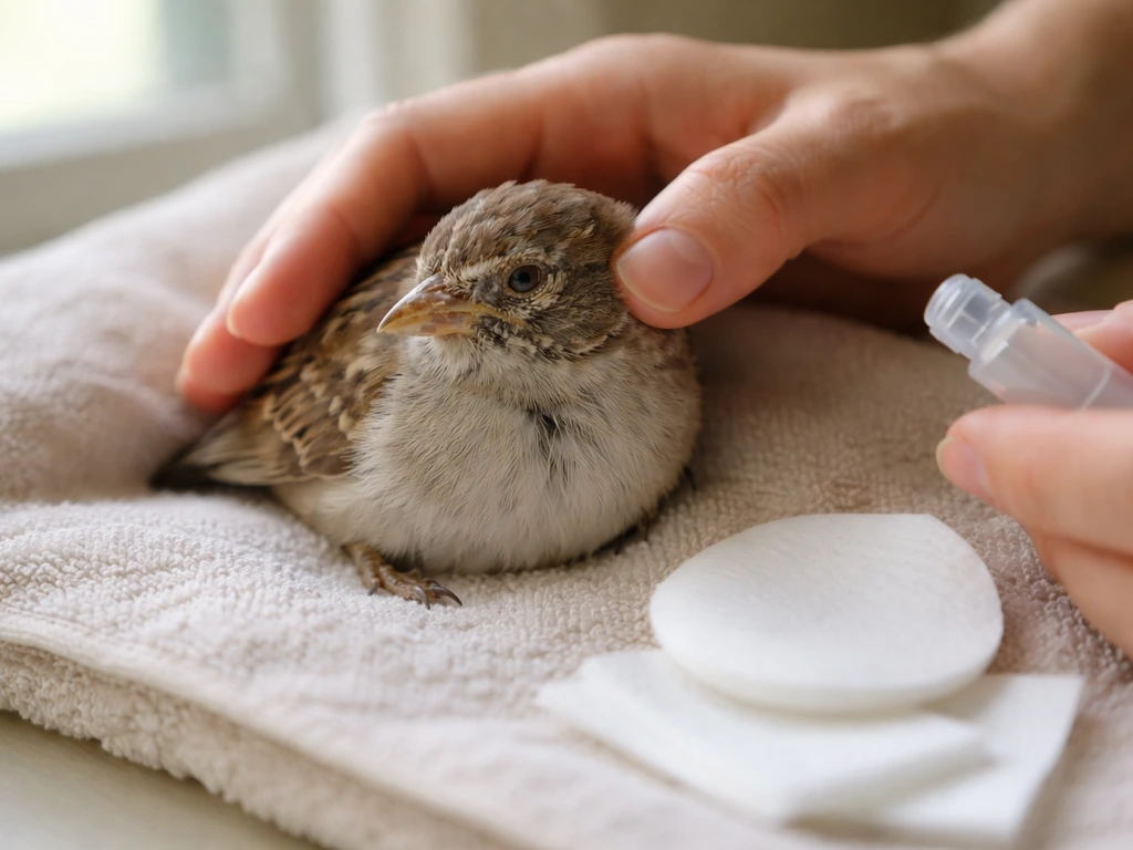 Caregiver holds a wild bird gently while preparing sterile saline for first aid on a crusty eye
