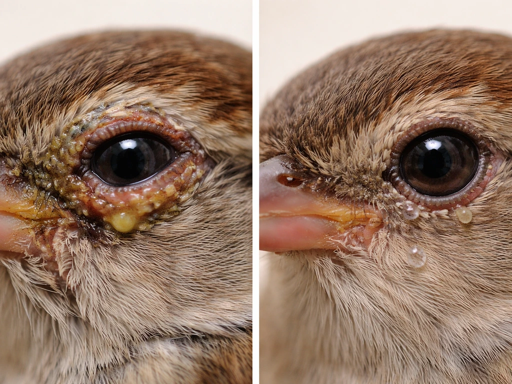 Two close-up bird eye views: left with crusty sticky discharge, right with mild redness and watery tearing.