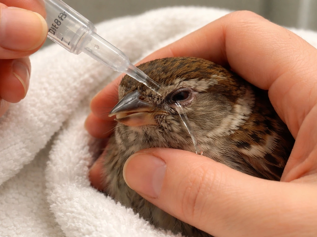Anonymous hands gently rinsing a small bird’s eye with warmed sterile saline using a dropper.