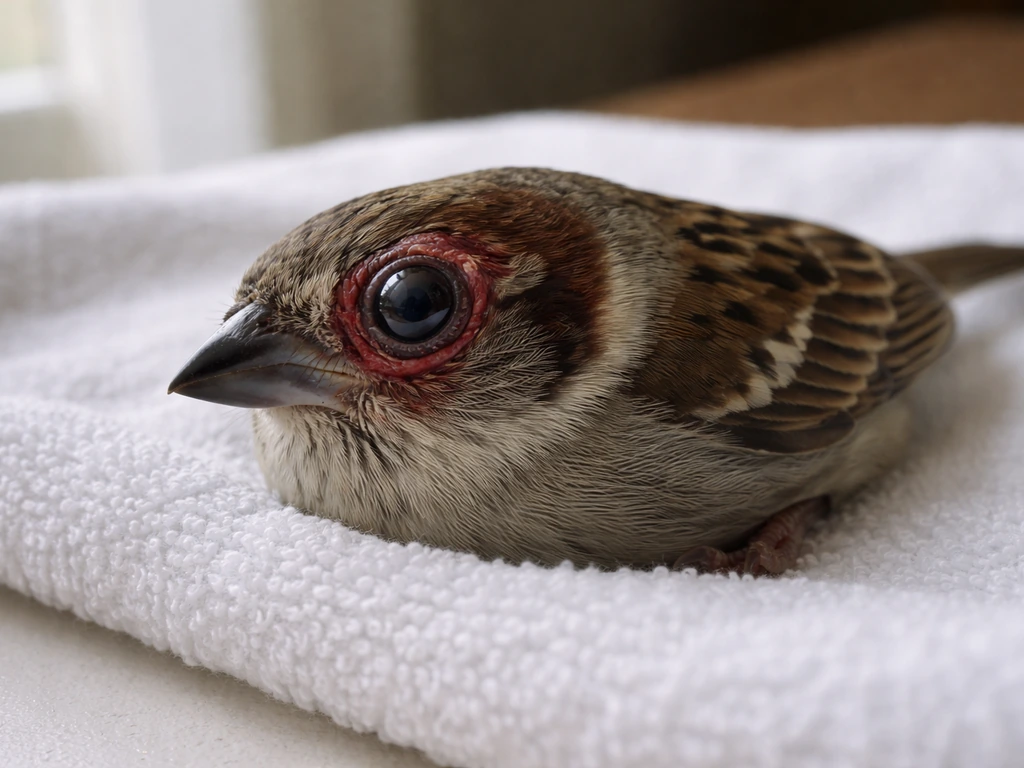 Close-up of an injured wild bird with a bulging eye, staged for urgent medical context