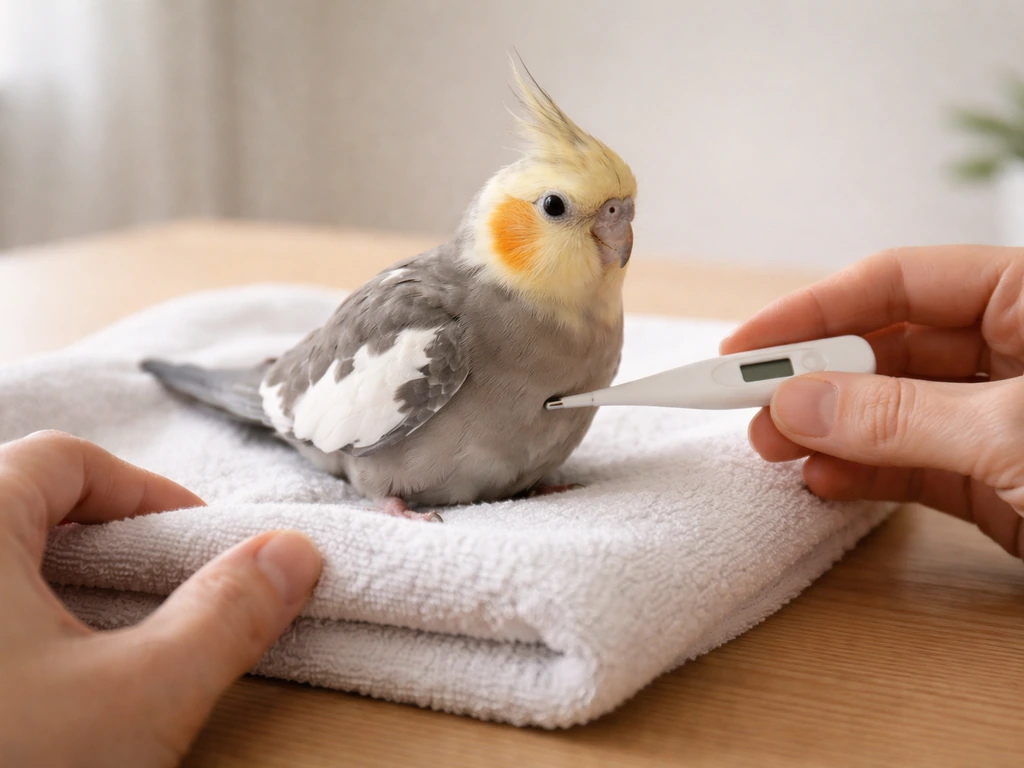 Person gently checks an alert pet bird’s breathing in a quiet room with a small thermometer