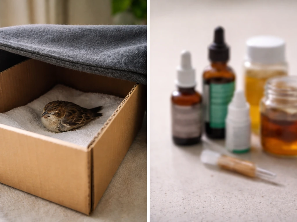Split image showing a safe option: a bird recovering in a warm dark quiet box, and an unsafe blurred remedy items