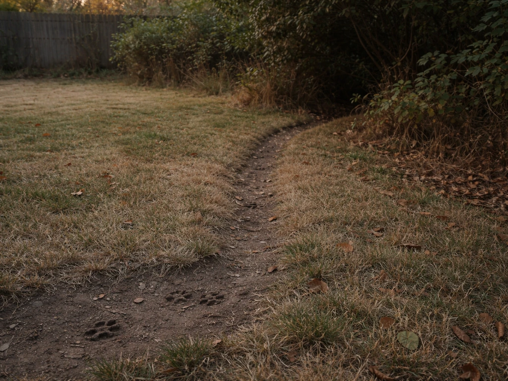 Backyard grass and a curving track toward brush, suggesting potential egg predators without showing animals or eggs.