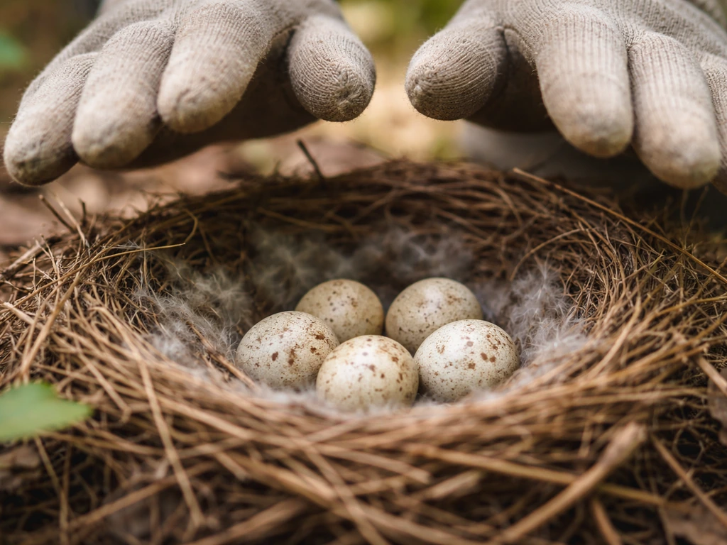 Gloved hands hovering above a small bird nest with eggs, showing not touching or turning them.