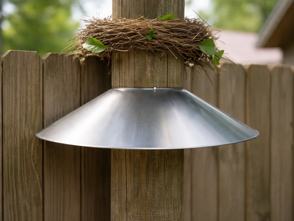 Metal predator guard baffle on a fence post below an undisturbed nest