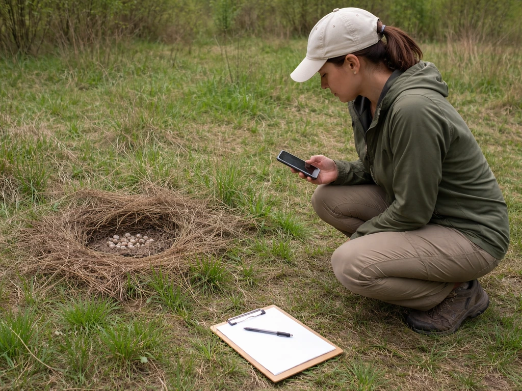Caregiver quietly observing a bird nest from a distance with a phone and blank checklist.