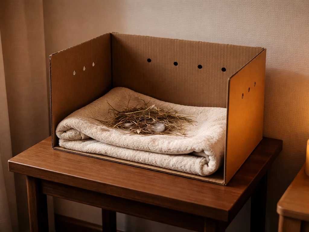 Cardboard bird shelter lined with a soft towel in a quiet warm room, ventilated and ready for overnight care