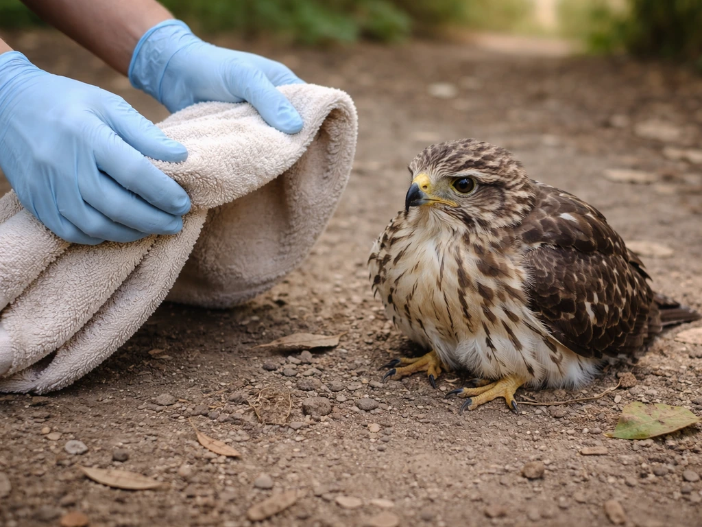 Gloved rescuer holding a towel near an injured wild bird for quick visual triage