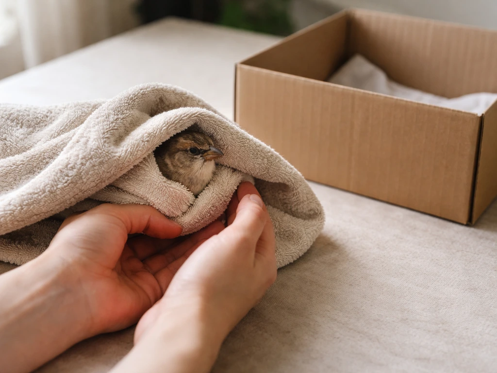 Wild bird resting on a towel as two hands gently scoop it into a plain cardboard box.