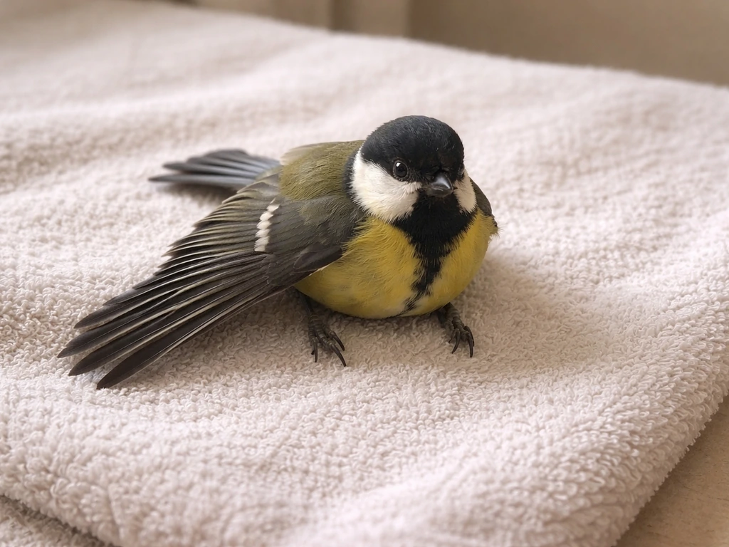 Injured bird with one wing drooping lower than the other, resting safely on a clean towel.