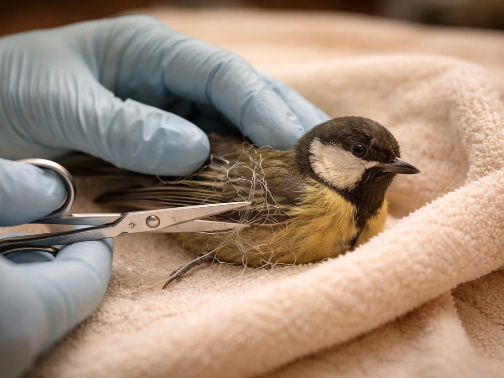 Close-up of hands carefully cutting tangled fishing line off a bird while it’s gently wrapped in a towel