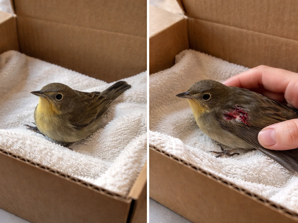 Split photo of a window-stunned bird in a box on one side and a bird with a bite wound on the other.
