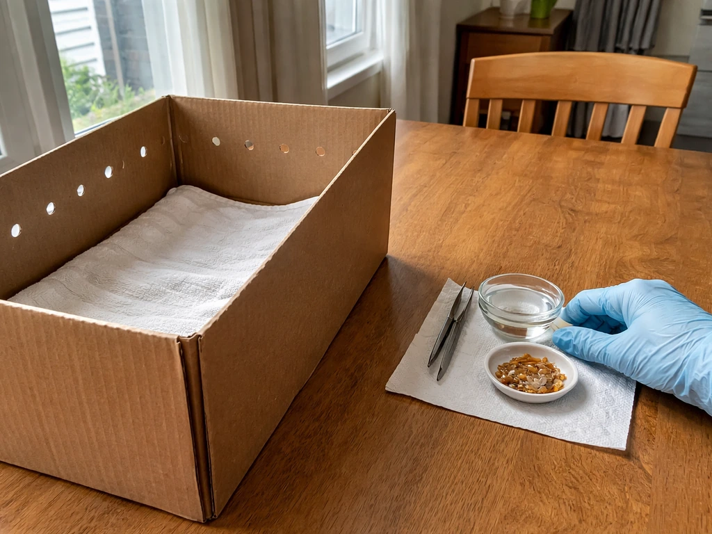 Lined recovery box beside a small water cup and feeding items being set aside by a caregiver hand.