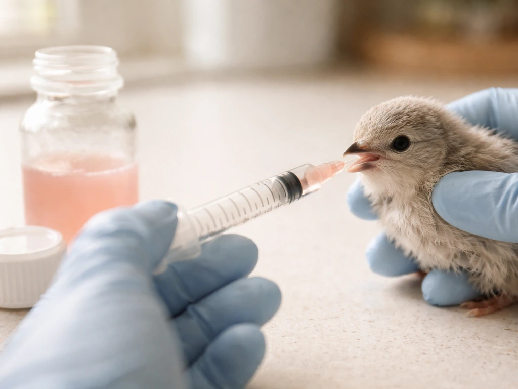 Gloved hands holding a syringe near a small bird’s beak beside a liquid antibiotic bottle on a clean counter.