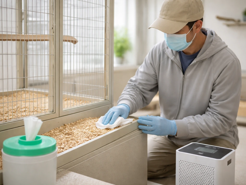 Bird keeper inspecting a dust-controlled bird enclosure with bedding cleaned, damp wipes, and a nearby HEPA purifier.