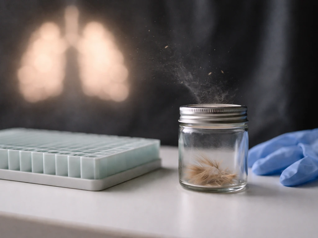 Jar of fine bird dust on a desk with drifting particles suggesting repeated lung inflammation.